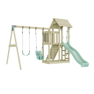 Altalena per neonati PolarPlay Uppsala verde menta con torre giochi e scivolo.