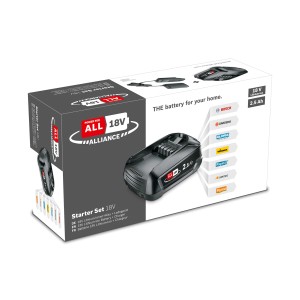 Kit de démarrage Bosch batterie 18V avec batterie 2,5 Ah et chargeur dans l'emballage.