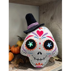 Decorazione LED a forma di teschio di Halloween, bianco/nero, alta 39 cm. Teschio di zucchero con cilindro e occhi lampeggianti.