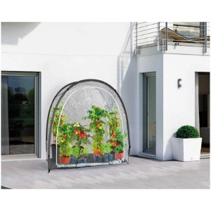 Serre tunnel Mary's Transparent avec des plants de tomates dans le jardin.