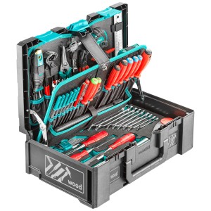 Technocraft Valigetta attrezzi Metabox Wood Premium, 107 pezzi, aperta con assortimento di utensili.