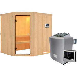 Sauna Woodfeeling Bodo con stufa e porta in vetro, sauna in legno massello per ore di relax.