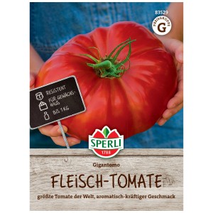 Graines de tomate charnue Gigantomo Sperli, grosse tomate rouge tenue dans les mains, jusqu'à 1 kg.