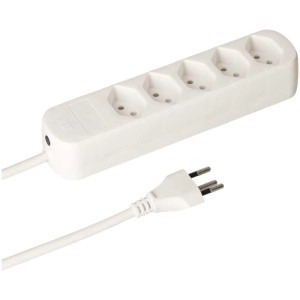 Bloc multiprise blanc Basic Line avec 5 prises de type 13 et fiche.