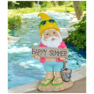 Gartenzwerg Beach mit gelber Mütze, Sonnenbrille und "Happy Summer" Schild, 31 cm hoch.