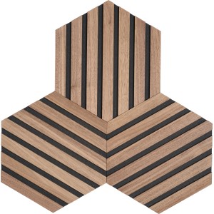 Panneau acoustique Denpanels Hexagon noyer, lot de 3 pièces. Panneaux décoratifs avec lamelles en bois pour mur.