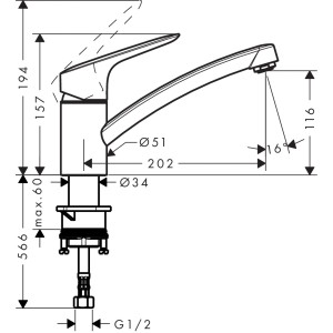 Dessin technique : Mitigeur de cuisine Hansgrohe Logis, 120 mm, chrome, dimensions et raccordements.