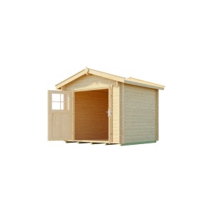 Casetta da giardino in legno Weka non trattato con tetto a due falde, 250x284 cm, doppia porta aperta.