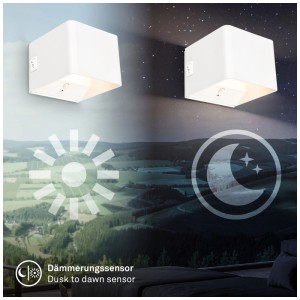 Applique murale blanche Briloner Borra avec capteur jour/nuit, design cubique.