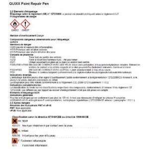 Etichetta della penna per ritocchi Quixx con avvertenze di pericolo.