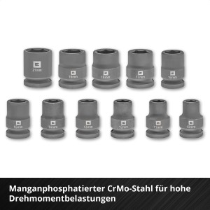 Einhell Jeu de douilles à choc, 12 pièces, tailles 10-21 mm, pour clés à choc.
