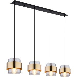Lampada a sospensione Globo Milley, 4 luci, nero opaco con anello in ottone e paralumi in vetro fumé.