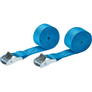 Deux sangles d'arrimage bleues avec fermeture à pince, enroulées. Idéales pour voyage et transport.