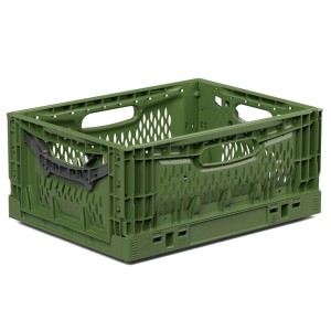 Caisse de récolte pliante verte (16l) pour systèmes de rangement de jardin, empilable et facile à manipuler.