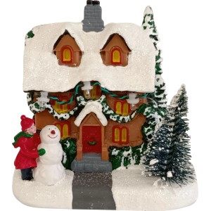 Figurine village de Noël illuminée: maison, bonhomme de neige, enfant, sapins. Décoration détaillée en plastique.