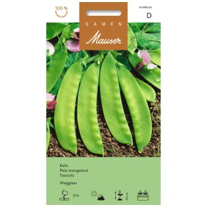Sachet de graines Kefe Weggiser : Pois gourmands verts et fleurs violettes.