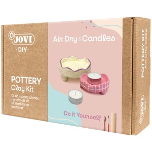Scatola Jovi DIY Kit Argilla: pasta modellabile ad aria, colori, pennelli e portacandele finiti.