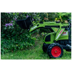 Trattore Falk Claas con caricatore frontale, trattore a pedali verde per bambini con ruote rosse in giardino.
