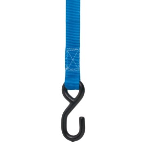 Sangle d'arrimage bleue avec crochet en S noir, largeur 25 mm, pour voyage et transport.