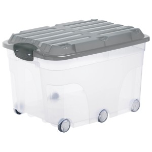 Rotho Rollbox Roller 6, 57L, transparent mit anthrazitfarbenem Deckel und Rollen. Aufbewahrungsbox.
