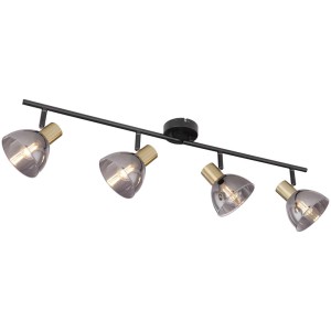 Globo 4er-Strahler E14, schwarz, mit rauchfarbenen Glasschirmen und Messing-Details.