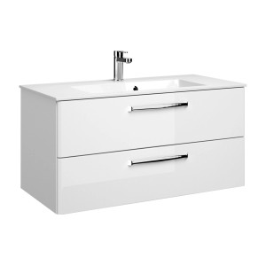 Meuble sous-vasque Pelipal Quantum Kompakt, blanc brillant avec deux tiroirs et poignées chromées.