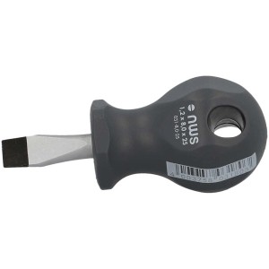 Tournevis de carburateur avec tige courte et manche gris avec trou de suspension.
