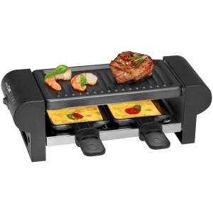 Clatronic RG 3592 raclette grill per 2 persone con cibo grigliato e formaggio.