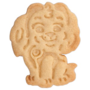 Keks in Form von Skye aus Paw Patrol, hergestellt mit einem Präge-Ausstecher. Küchenhelfer für Kindergeburtstage.