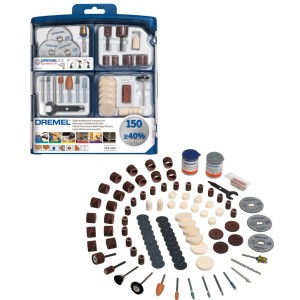 Set accessori multiuso Dremel 150 pezzi in custodia blu, con utensili per levigare, lucidare e tagliare sparsi.