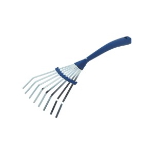 Rastrello a ventaglio manuale LUX Classic, utensile da giardino con 8 denti in acciaio inox e manico blu.