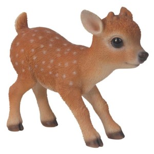 Detailreicher Pflanzenstecker: Baby Rentier Figur aus Polyresin, gold-braun mit weißen Punkten.