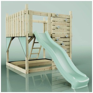 Aire de jeux en bois OutdoorToys Sternenhimmel avec toboggan vert menthe, mur d'escalade et échelle.