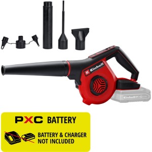Einhell Akku-Bläser TE-CB 18/270 Li rot-schwarz mit Düsen-Zubehör-Set. Akku und Ladegerät nicht enthalten.