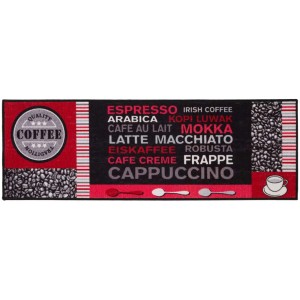 Andiamo passatoia Cafe Creme, grigio-rosso, 50x150 cm. Tappeto passatoia con motivi di caffè per cucina e corridoio.