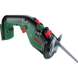 Sega da giardino a batteria Bosch Keo 18 Solo, sega per rami verde con lama e pulsante rosso.
