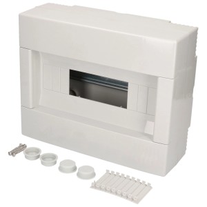 Quadro elettrico da parete, 1 fila, con staffa di chiusura e guida DIN, protezione IP40.