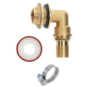Kit de raccordement pour récupérateur d'eau de pluie Geka avec embout en laiton à 90°, incluant joint d'étanchéité et collier de serrage.