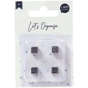 Vier silberne I Am Creative Würfelmagnete (7x7mm) in Blisterverpackung. Ideal für Notizen, Fotos an Whiteboards oder Magnettafeln.