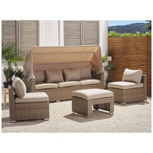 Ensemble lounge Beliani Coccolia 5 places avec canopy, aspect rotin, beige/marron.