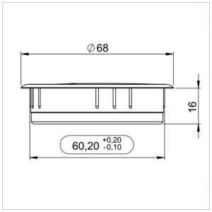 Technische Zeichnung der silbernen Q-Lab Kabeldurchführung Easy-Duct-60K16 mit Maßangaben.