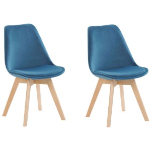 Due sedie da pranzo Dakota II in velluto blu con struttura in legno chiaro.