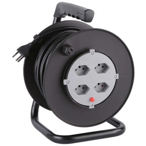 Enrouleur de câble Schönenberger avec 4 prises T13, câble de 25 m, gris/noir, pour usage intérieur.