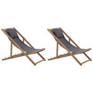 Ensemble de 2 chaises longues de jardin Beliani Avellino en acacia avec housses gris foncé et appuie-têtes.