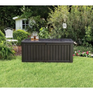Coffre de jardin Keter Rockwood, brun expresso, 570 l, aspect bois, pour coussins et accessoires de jardin.