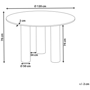 Schéma : Table de salle à manger marron Beliani Orin, Ø 120 cm, avec trois pieds. Les dimensions sont indiquées.