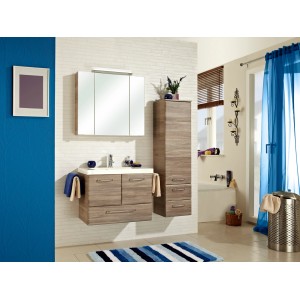 Vasque Pelipal en marbre minéral blanc, 74x45cm, avec meuble sous-vasque et armoire de toilette dans la salle de bain.