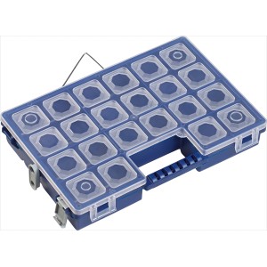 Blauer LUX Sortierkasten mit 8 Fächern und transparentem Deckel für Aufbewahrung.
