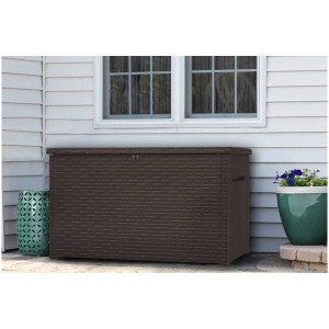 Coffre de rangement Java en plastique marron aspect rotin, 146x82x86 cm, pour rangement jardin.