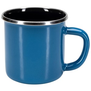 Tazza blu smaltata Nouvel, design vintage, ideale per tè o caffè. Design robusto con bordo argentato.